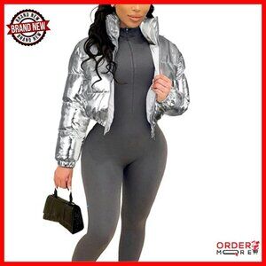 Cropped Puffer Jacket Shiny Down Coat Winter Warm Stand Collar